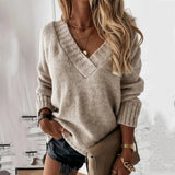 Oversize Sweater Knitted Autumn Winter V Neck Jumper Solid Knit Pullover 2021 Long Sleeve White Warm Sweaters For