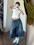 Vintage Wash Whiskers Denim Shorts Women Low Rise Distressed Frayed Wide Leg Baggy Jeans Jorts Casual Summer Clothes-Outfit