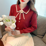 Fongt Autumn New Female Fragrant Wind Bottoming Spliced Temperament Sweater College Style Doll Collar Bow Knitted