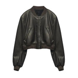 Fongt Temperament Casual Spring New Retro Collar Locomotive PU Imitation Leather Bomber Jacket Jacket