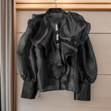 Fongt Court Style Super Fairy Collar Layer Lotus Edge Eugen Yarn Perspective Single Buckle Shirt Female Gas Top