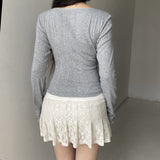 Fongt Girl Split Dense Edge Base Long Sleeve T Shirt Square Collar Wood Ear Bow Slim All-Match Jacket-Outfit