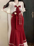 Sweet Two Piece Dress Suit Woman French Elegant Pretty Flower Kawaii Set Female Sexy Korean Fashion Lolita Dress Set