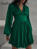 Satin Elegant Long Sleeve Pleated Dress A Line for Women 2022 Spring Casual Club Party Green Khaki Women's Mini