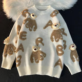 Bear Head Pendant Fleece Embroidery Oversized Sweaters Men Women Hip Hop Streetwear Winter Knitted Tops Korean Kawaii
