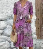 Fongt Fashion New Printed Lace V-Neck Short-Sleeved Dress