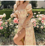 New Women's Wear In Summer Fashion Bubble Sleeve Broken Flower Tie High Forked Dress Summer Dress-Outfit