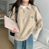 Fongt Polo Collar Half Zipper Design Jumsweater Top Women's Loose Jacket Embroidered Letters Thick Sweater-Outfit