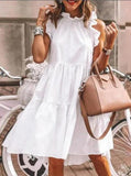 Fongt Summer Leisure Leisure Loose Sleeveless Pressure Pleated Stitching Solid Color Large Swing Round Collar