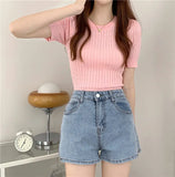 Fongt Version Of The Solid Color Short Sleeve Collar Collar Threaded Knitted Shirt Summer Sweater Bottom T-Shirt With Top