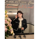 Tweed Cropped Jackets Women Elegant Black Coat Korean Thicken Warm Single Breasted Blazer Casual Short Outerwear Tops-Outfit