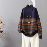 Half High Collar Vintage Jacquard Sweaters Autumn Winter Casual Chic Long Sleeve Loose Knitted Jumpers Female Clothing-Outfit