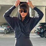 Fongt New Fashion Long Sleeve Cross Strap Design Sense Hood Crop Slim Top T-Shirt Women-Outfit