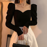 Elegant Shirts Women Puff Sleeve Square Collar Blouses Office Lady Korean Autumn Black Chic Slim Casual All Match Tops-Outfit