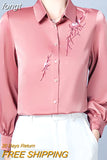 Women's Shirt Blouses for Women Solid Embroidered Long Sleeve Top Woman Polo Neck Clothing Female Button Up Basic