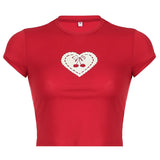 Basic Cherry Heart-Shaped Printed Round Collar Slim Red Short-Sleeved T-Shirt New Spring / Summer 2024 Style-Outfit