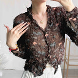 Fongt Folded Print Folding Shirt 2025 Summer New Cardigan Blouse Retro Temperament Wrinkled Shirt