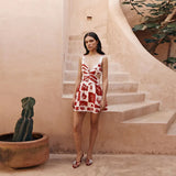 Fongt Bohemian Sexy Red Lattice Print Sling Skirt Side Hollow A Skirt