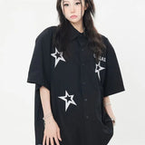 Hip Five-pointed Star Black Shirts Mens Oversized Solid Blouses Cute Button Up Shirt Y2K Streetwear Harajuku Couples Summer-Outfit