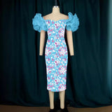 Fongt Net Yarn Sleeves Stitched Printed Bags Dresses Mid-Sevent Dress Party Dress Women Dress