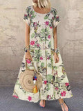 Fongt Explosion Women's Vintage Flower Printed Short Sleeve Round Dress