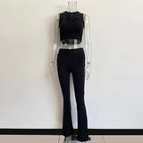 Fashion Design Two Piece Sets Women 2021 New Arrival Hollow Pattern Cropped Top And Overalls Elegant Black Pants