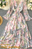 Women Sexy Boho Dress New 2023 Spring Autumn Long Sleeve V Neck Backless Long Dresses Ladies Vintage Floral Printed