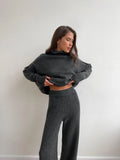 Fongt High-Neck Open Fork Wool Sweater Set Women's Loose Casual Lazy Knitting Trousers Two-Piece