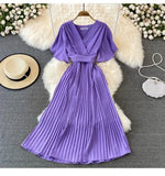Fongt New V-Neck Short-Sleeved Dress Over Knee-Repaired Lady's Waist Tie Mid-Slap Dress