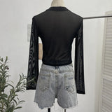 Sexy Hollow Hanging Neck Cowboy Splicing Mesh Strap With Irregular Long-Sleeved T-Shirt Short Top
