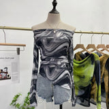 Fongt Dyed Printed Shoulder T-Shirt Design Sense Irregular Open Fork Thin Mesh Long Sleeve Top 8958
