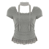 Fongt Hottie Style Solid Color Lace Splicing Short Sleeves Around The Neck Coat Folded Waist Collar Casual T-Shirt Short