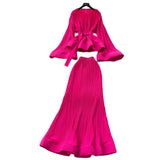Fongt Fashion Strap To The Waist Horn Sleeve Lotus Loaf Under The Pendulum Folding Folding Top + High-Waisted Fish Tail Half-Body Dress