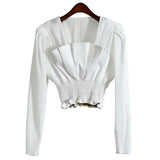 White Elegant Fold Pleated Slim Shirts Female Square Collar Long Sleeve Korean Fashion Blouses 2022 Spring