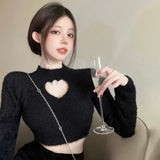 Women Hollow Out Tops Expose Navel Lint Knitted Long Sleeves Sexy Ladies Solid Sweaters Soft Chic-Outfit
