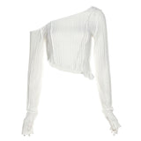 Fongt 2023 New Women's Solid Color Fashion Diagonal Shoulder Sexy Perspective Slim Wooden Ear Long Sleeve T-Shirt-Outfit