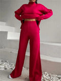 Women Knitted Suit Warm Solid Split Pullovers and Wide Pants Two-piece Suit Female Half Turtleneck Oversize Tracksuit-Outfit
