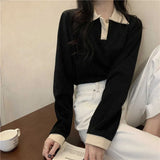 Fongt 2023 New Thin Lapel POLO Long-Sleeved T-Shirt Women's Versatile Show Thin Ins With Student Top