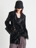 Fongt 2024 New V-Neck Long Sleeve Sequin Ostrich Splicing Suit Jacket-Outfit