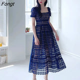 Han Queen Summer New Sexy Hollow Out Long Dresses Women's A-Line Slim Evening Party Dress Korean Simple Elegant Lace