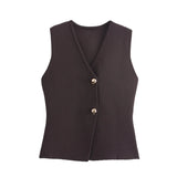 Fongt Women's Solid-Colored Gold Button-Wear Knitted Vest Top