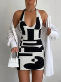 Y2K Knit Mini Dress Plaid Print Halter Patchwork Backless Women Holiday Sexy Bodycon Fashion Summer Slip Dresses