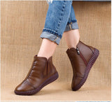 2021 Winter Genuine Leather Ankle Boots Handmade Lady Soft Flat Shoes Comfortable Casual Moccasins Side Zip Ankle