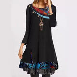 Fongt Dress Women's Print Loose Long Sleeved Round Collar