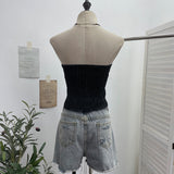 Fongt Sexy Water Wash Denim Pocket Spliced Lace Bra Design Without Strap Vest 2753