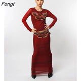 Women Sexy 2 Piece Skirt Set Printed Patterns Long Sleeve Crop Top Split Midi Skirts Outfit Y2k