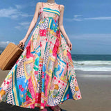 Fongt Summer Women's New Temperament Elegant High-Waist Print Slings Casual Fashion Dress