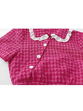 Plaid Shirt Kawaii Peter Pan Collar Preppy Style Women's Blouses Sweet Short Sleeve Bow Tops 2023 Summer Fashion