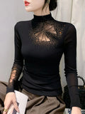 New Half Turtleneck Long Sleeve Diamond Mesh T-shirt Women's Slim Fit Base Black TShirts BH9739-Outfit