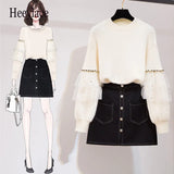 Winter Korean Casual two-piece set For Women Mesh Patchwork Knitted Sweater And Skirts Suits Sweet Female 2PCS